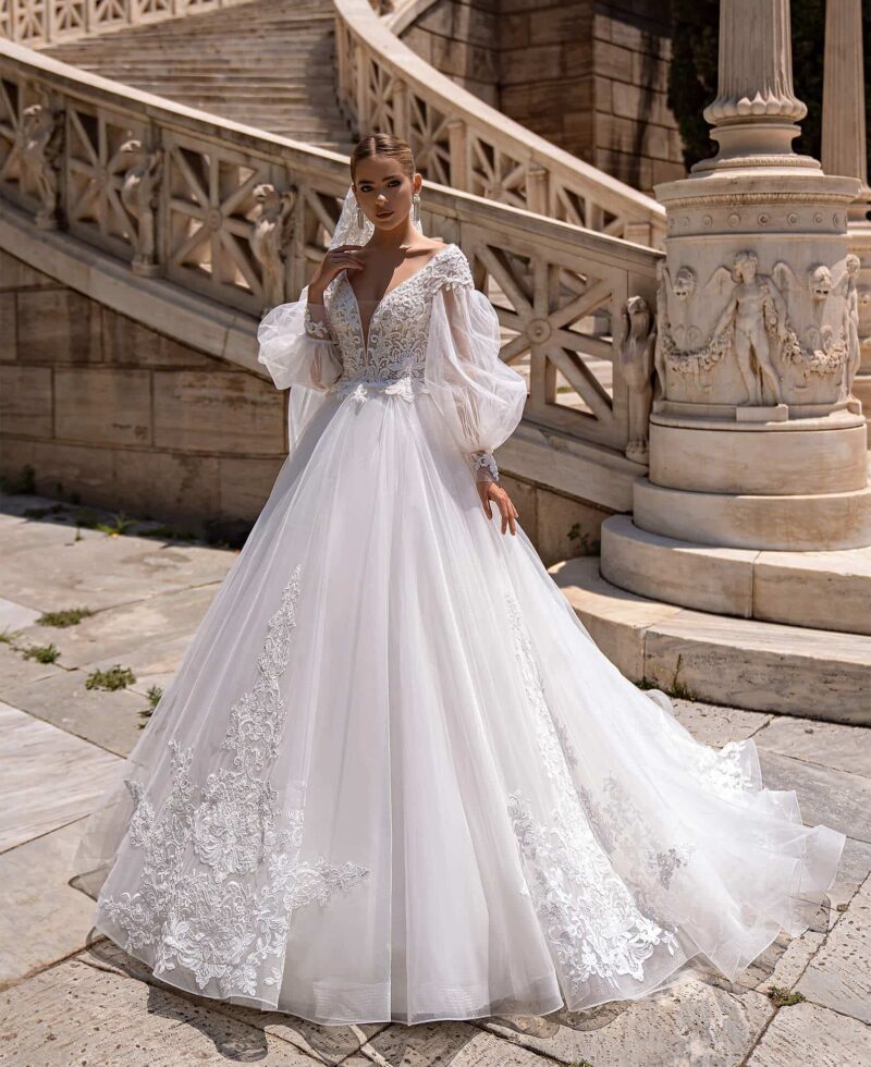 Detachable Pulff Long Sleeves Princess Wedding Dress - AVA