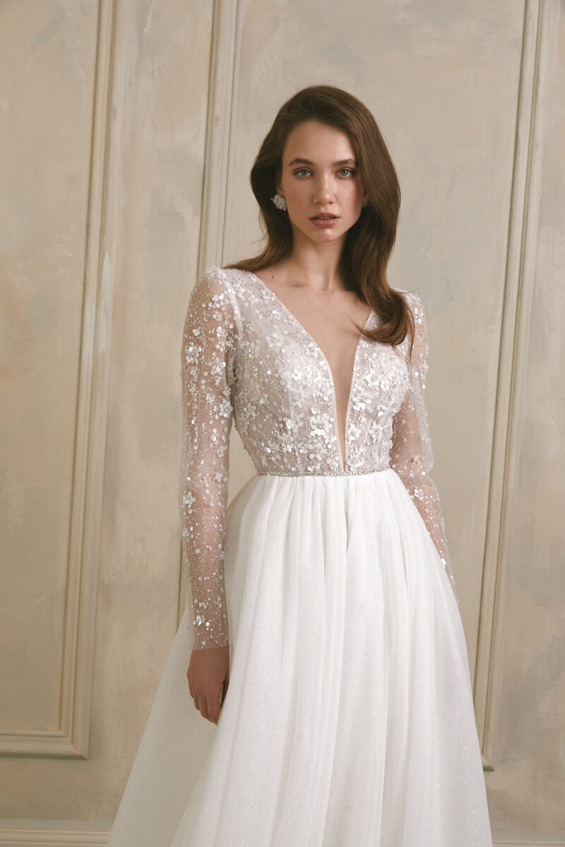 Long Sleeve Deep V-neck Beaded Boho A line Wedding Dress - BARBARA - Image 2