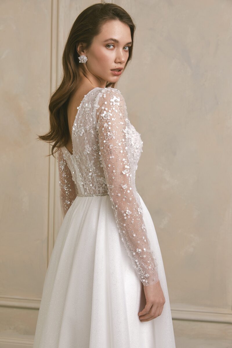 Long Sleeve Deep V-neck Beaded Boho A line Wedding Dress - BARBARA - Image 3