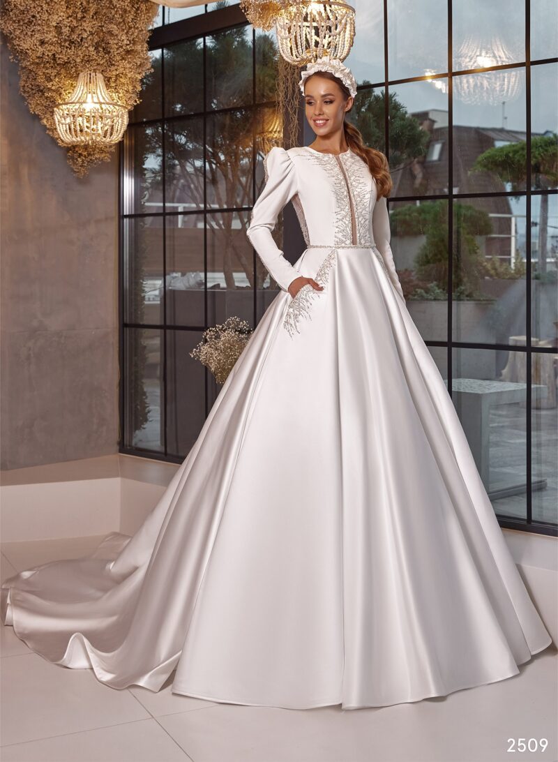 High Neck Modest Princess Wedding Dress With Long Sleeves - DANTELA