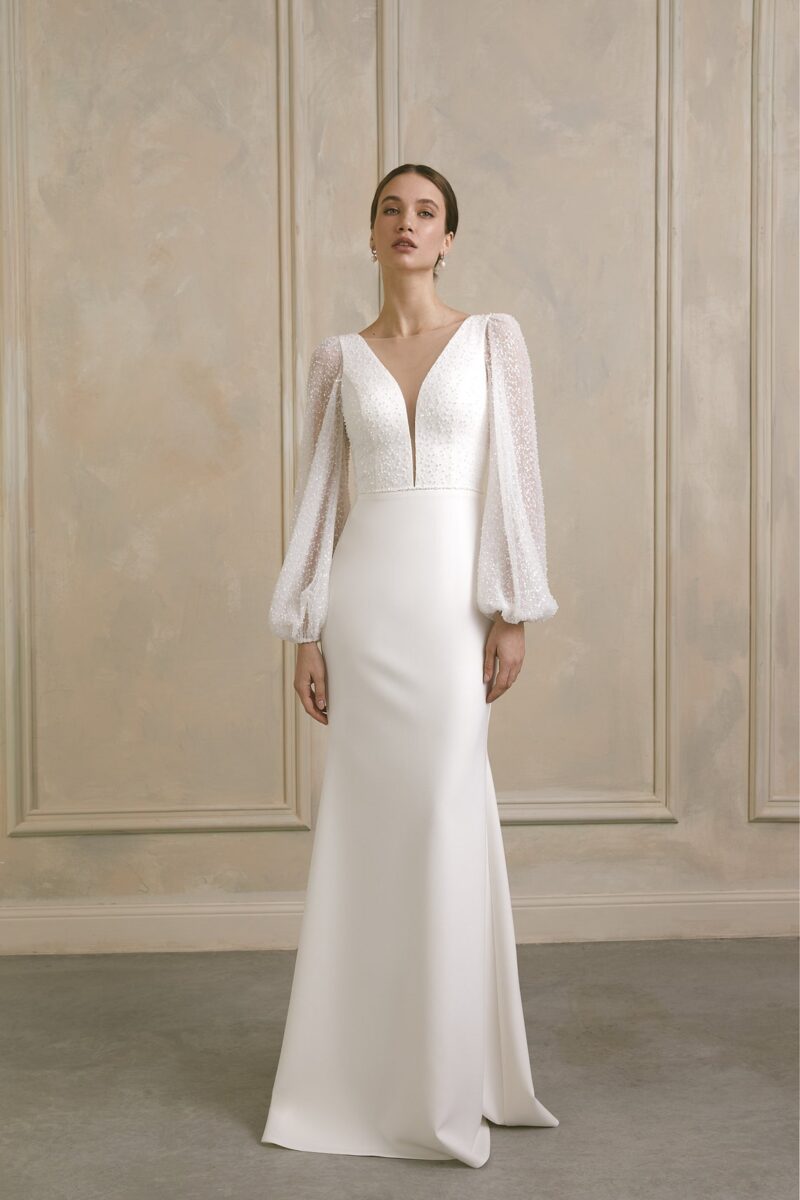 Long Sleeves Beaded Crepe Trumpet Bridal Gown With A Plunging V-Neck - EMMA - Image 2