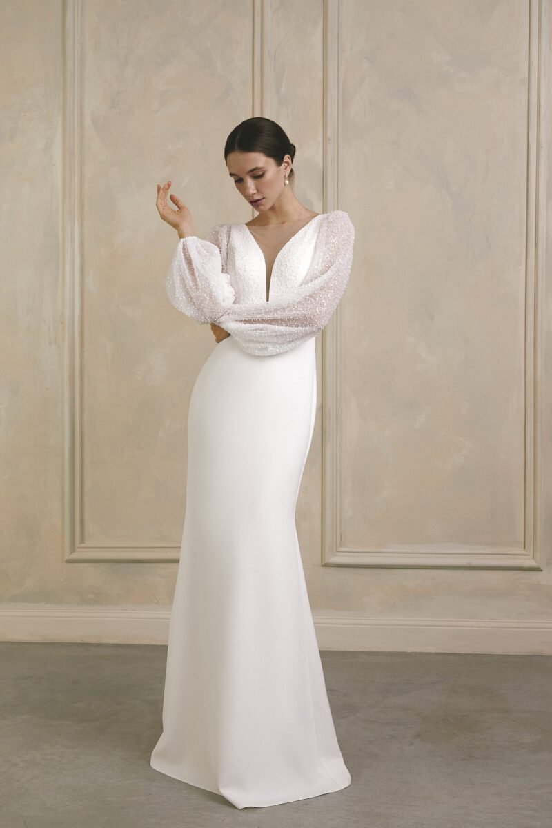 Long Sleeves Beaded Crepe Trumpet Bridal Gown With A Plunging V-Neck - EMMA