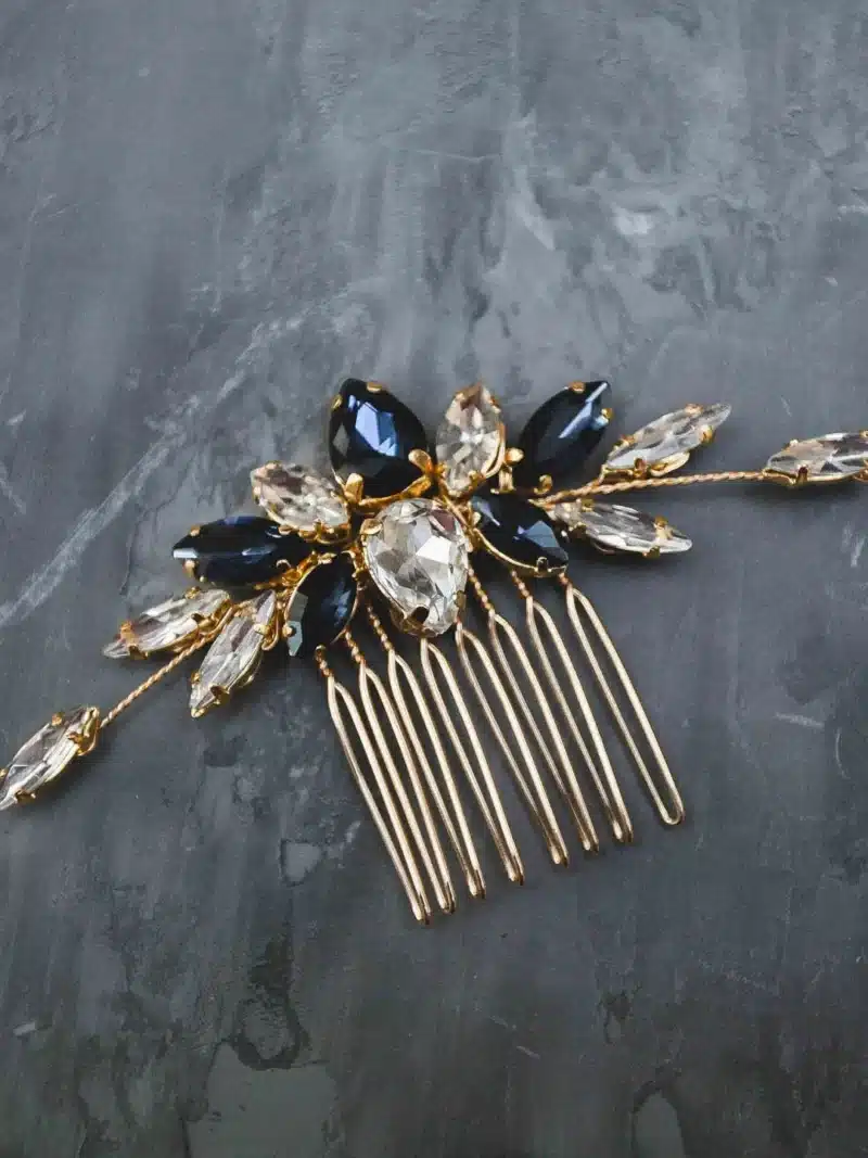 Navy Blue Bridal Hair Comb Sapphire Headpiece Something Blue Jewelry - EMMA - Image 3