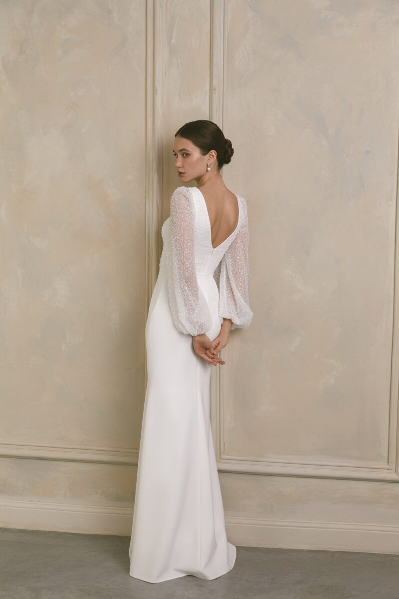 Long Sleeves Beaded Crepe Trumpet Bridal Gown With A Plunging V-Neck - EMMA - Image 3