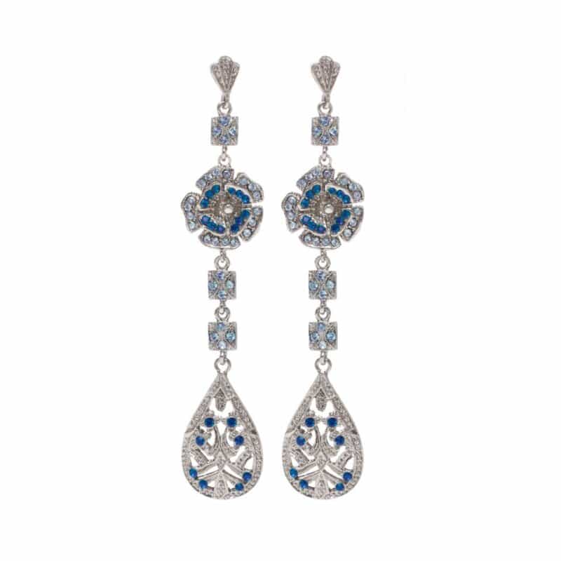 Art Deco Silver Blue Long Wedding Earrings - FIONA