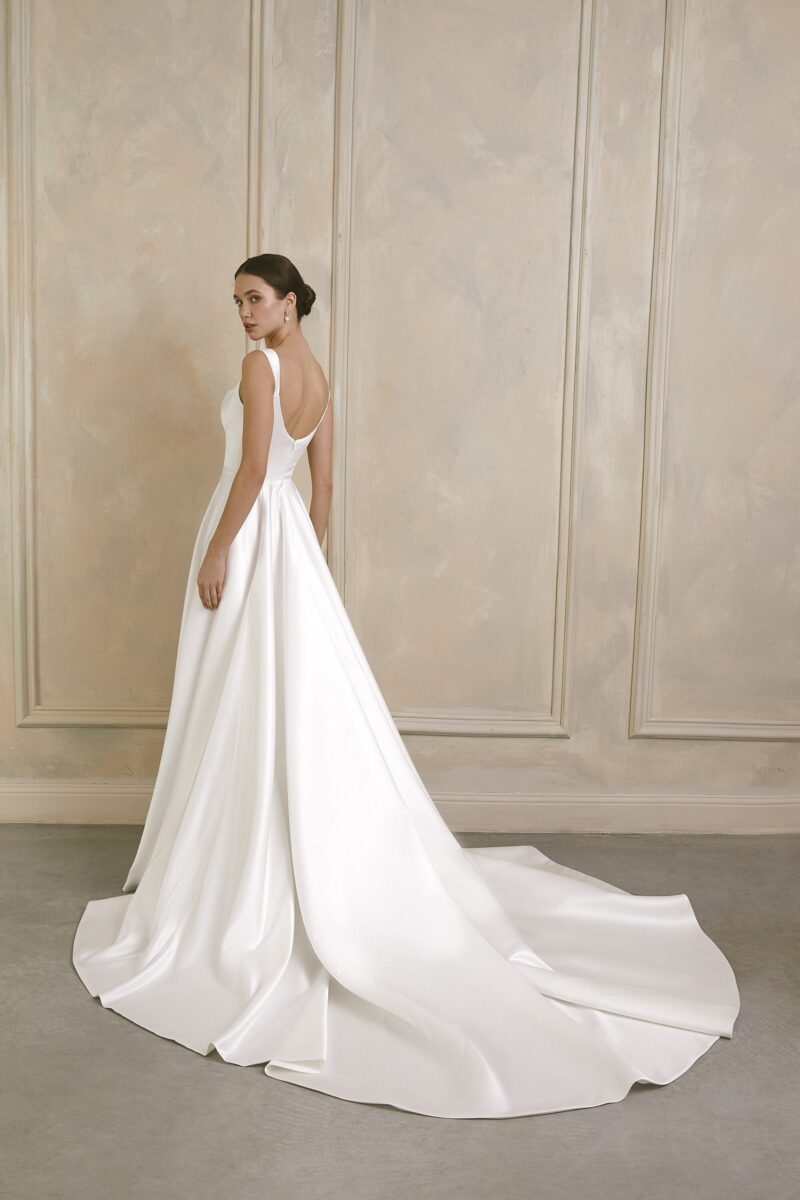 Simple Corset Minimalist Satin A-Line Wedding Dress with Slit - GLORIA - Image 3