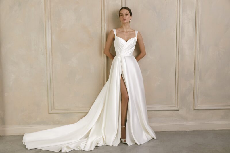 Simple Corset Minimalist Satin A-Line Wedding Dress with Slit - GLORIA