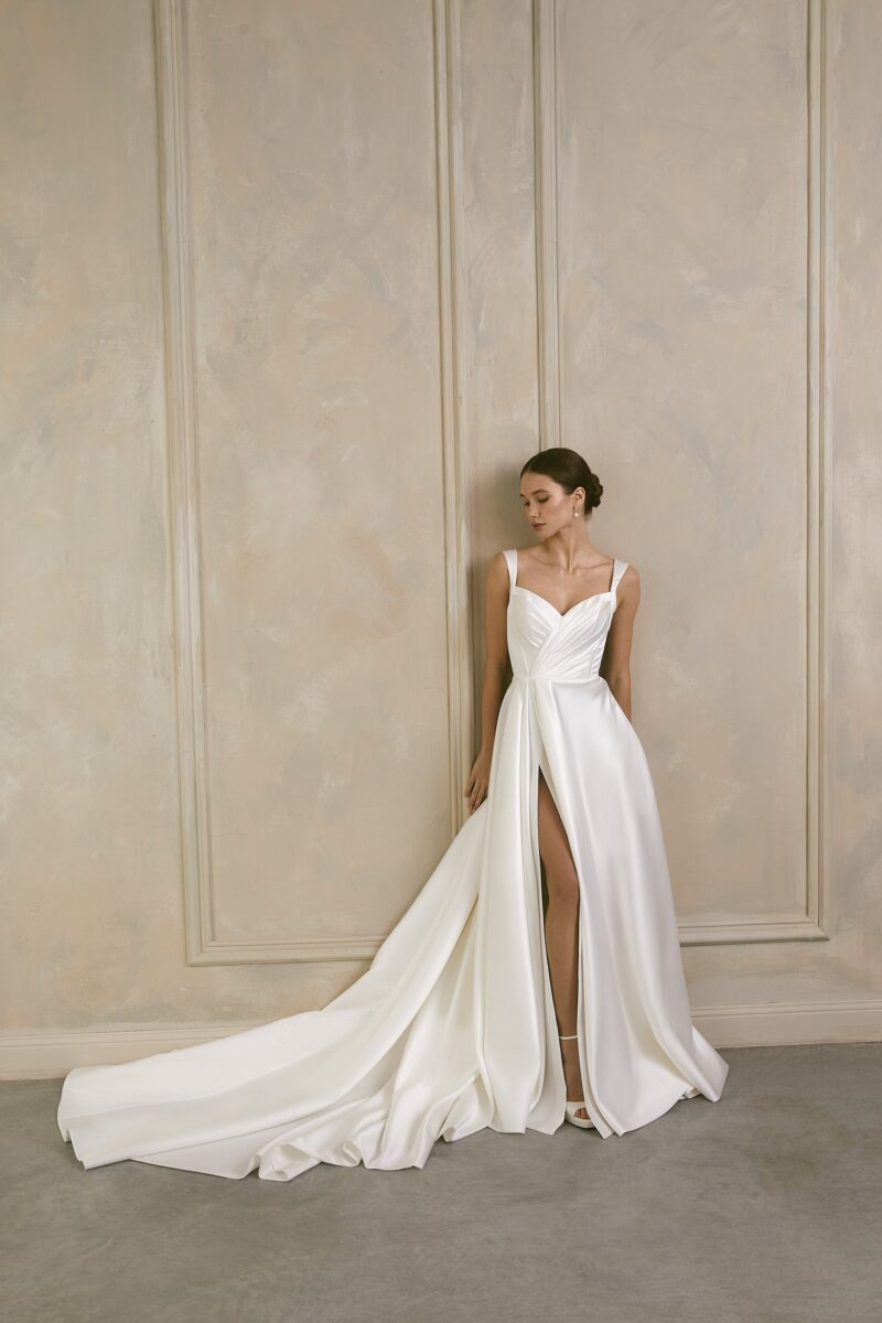 Simple Corset Minimalist Satin A-Line Wedding Dress with Slit - GLORIA - Image 5