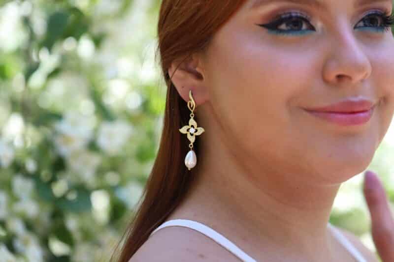 Drop Pearl Crystal Gold Flower Bridal Earrings - ELIZA