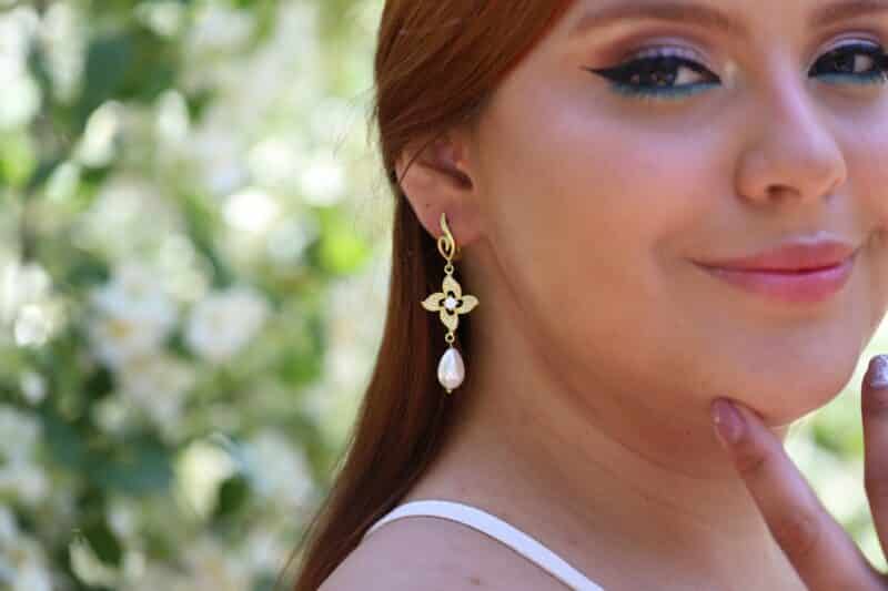 Drop Pearl Crystal Gold Flower Bridal Earrings - ELIZA - Image 2