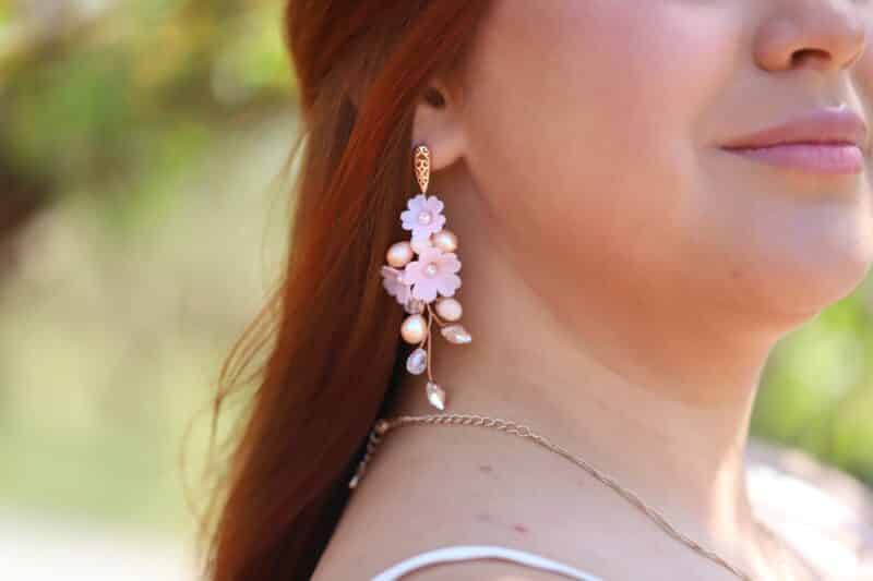 Gold Freshwater Pearl Pink Flower Rose Gold Boho Wedding Earrings - GALIA - Image 3