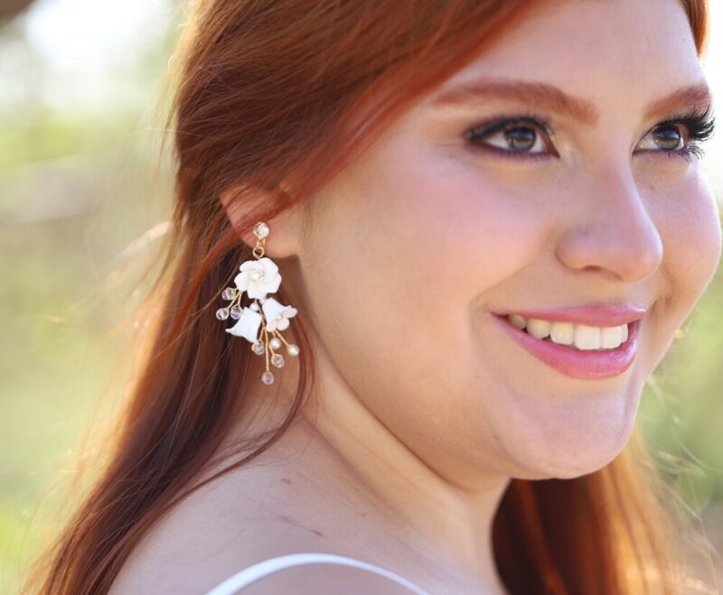 Delicate Porcelain Flower Gold Bridal Earrings - V-308