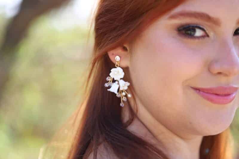 Delicate Porcelain Flower Gold Bridal Earrings - V-308 - Image 2