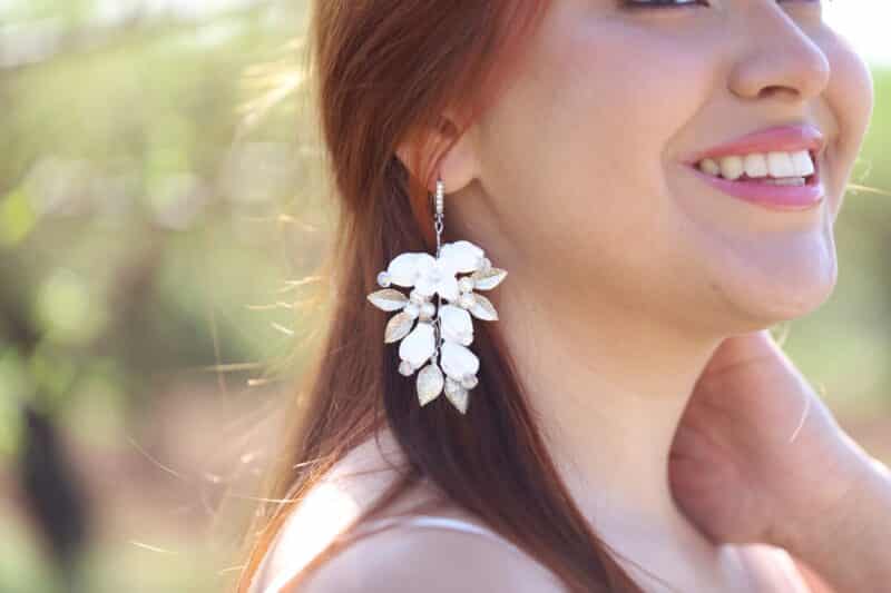 Porcelain Flower Silver Leaf Boho Wedding Earrings - V-311 - Image 3