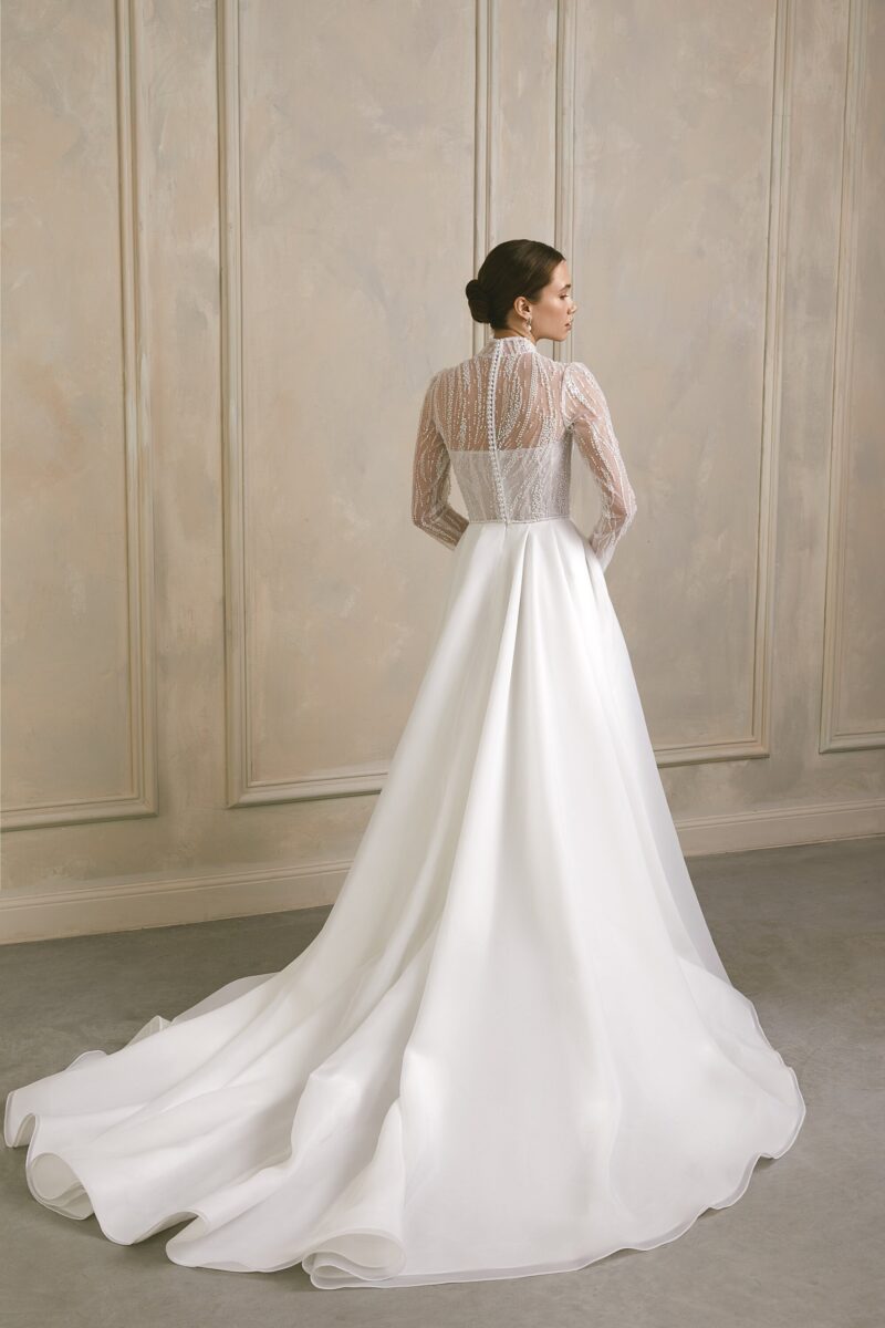 High Neck Modest Embroidered A-Line Wedding Dress Long Sleeves - JENNIFER - Image 4