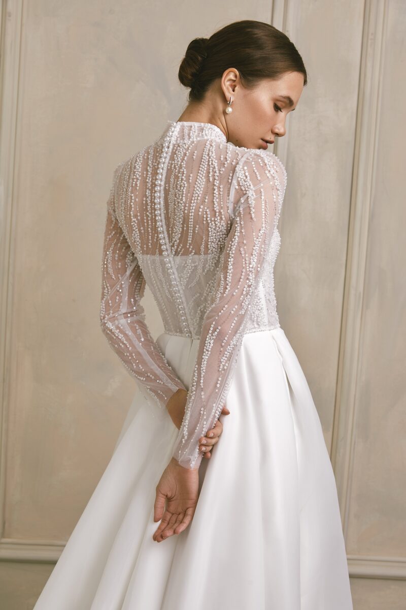 High Neck Modest Embroidered A-Line Wedding Dress Long Sleeves - JENNIFER - Image 3