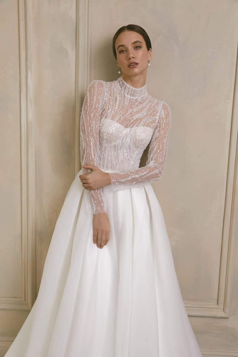 High Neck Modest Embroidered A-Line Wedding Dress Long Sleeves - JENNIFER - Image 5