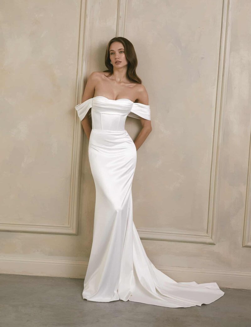 Off- the- shoulder Minimalist Simple Satin Mermaid Wedding Dress -KELLY