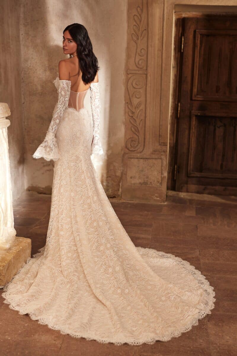 Detachable Long Sleeves Nude Fitted Mermaid Wedding Dress With A Train -LORA - Image 5