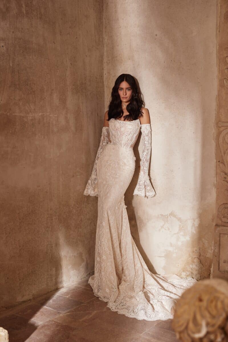 Detachable Long Sleeves Nude Fitted Mermaid Wedding Dress With A Train -LORA - Image 6