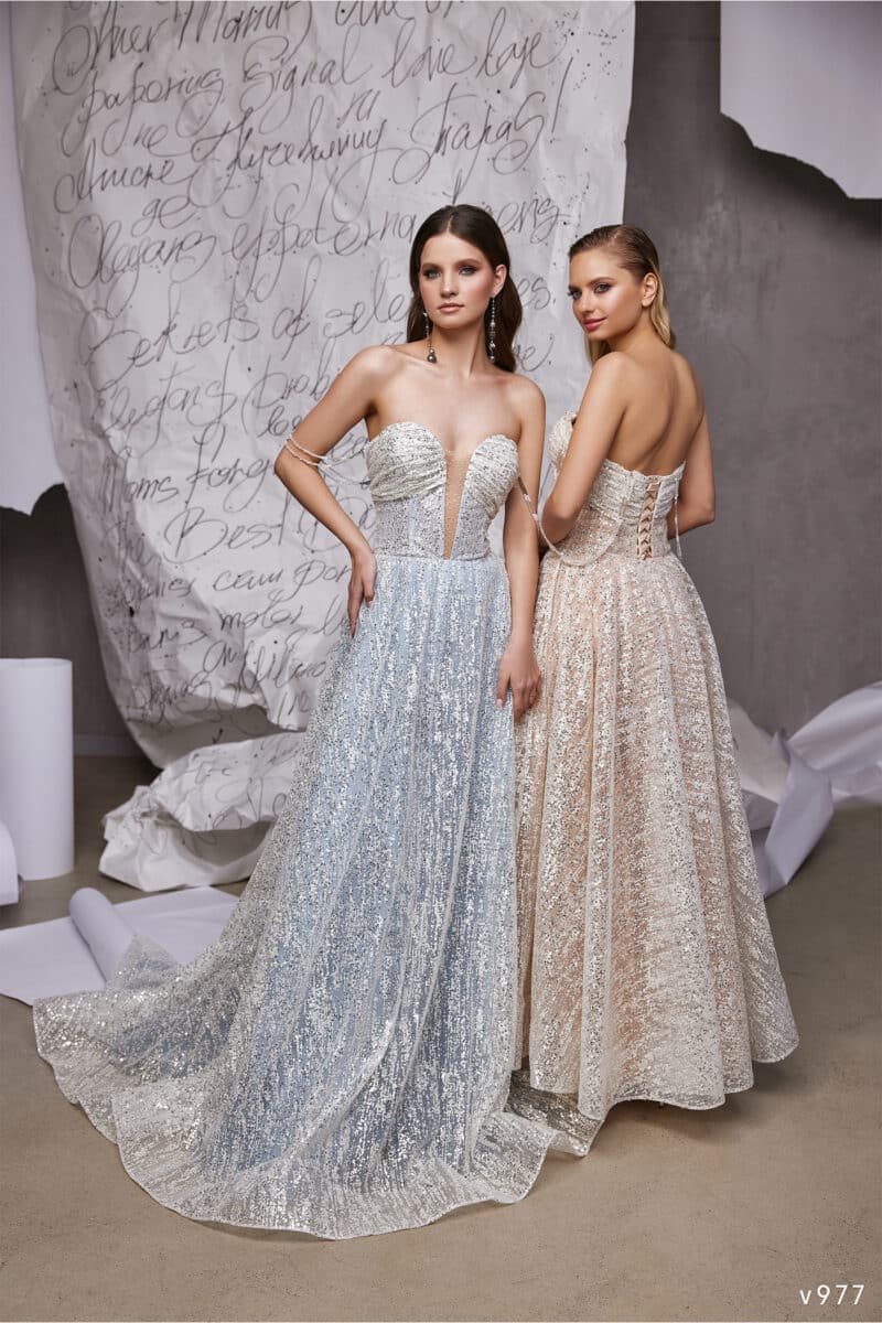 Light Blue Sparkling Plunging Neck A-Line Wedding Dress - MELANIA