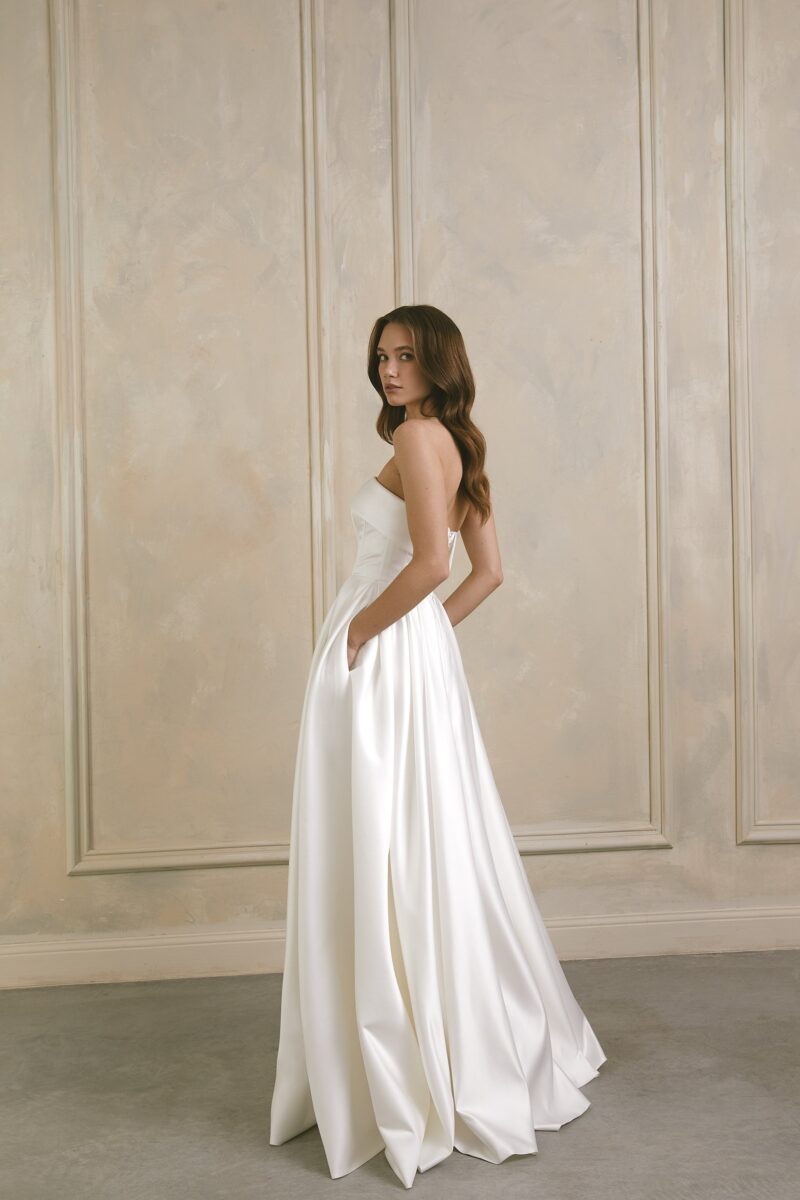 Satin Simple Corset A-Line Wedding Dress With Slit - MONICA - Image 3