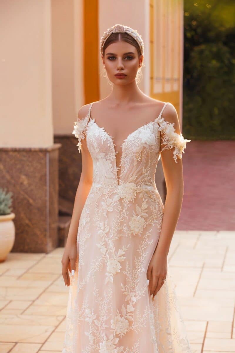 Plunging Neck Nude Lace A-Line Wedding Dress - MYRTELLA - Image 2