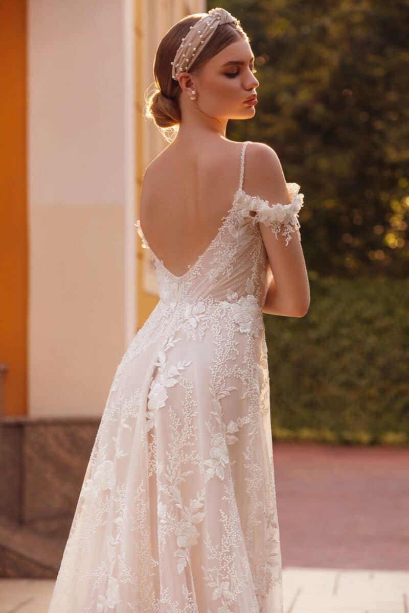 Plunging Neck Nude Lace A-Line Wedding Dress - MYRTELLA - Image 4