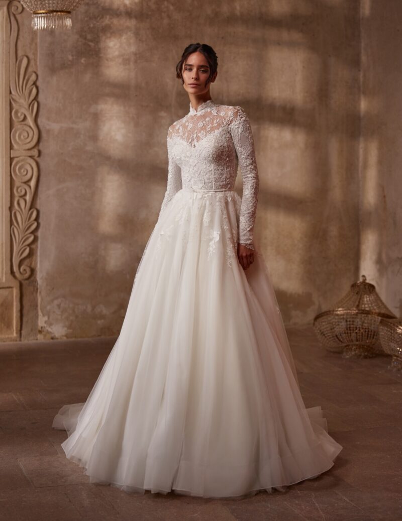 Long Sleeves High Neckline Princess Wedding Dress - NAOMI