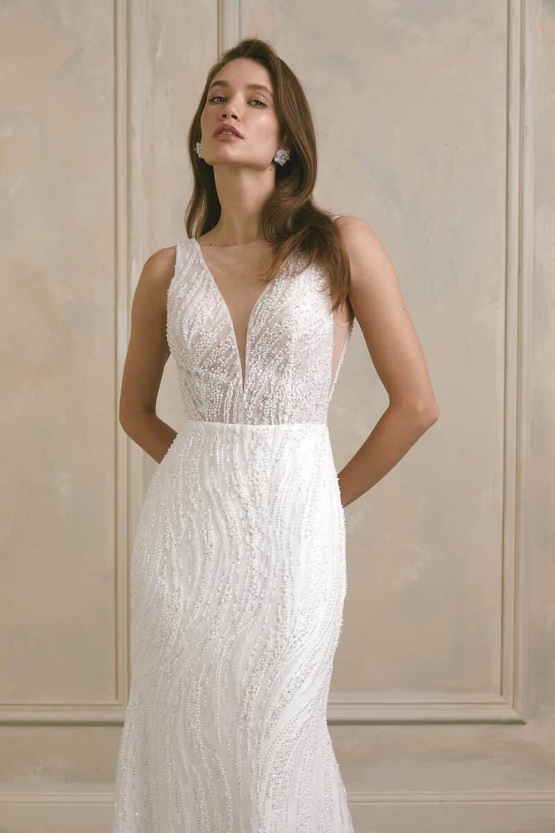 Illusion V-Neck Embroidered Sparkling Mermaid Wedding Dress - PATRICIA - Image 3