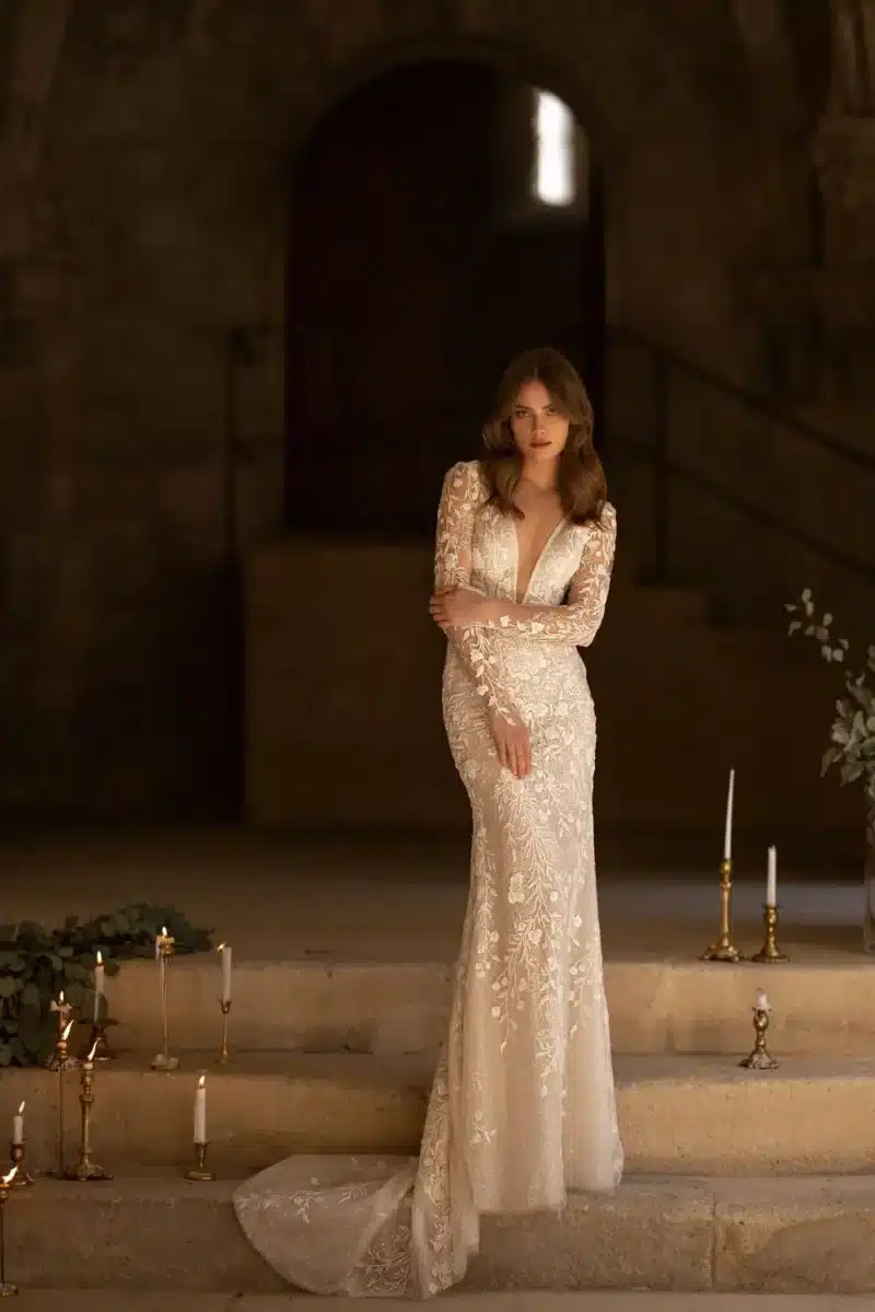 Long Sleeves Deep V Neck Mermaid Wedding Dress With Detachable Train - PRAHA - Image 8