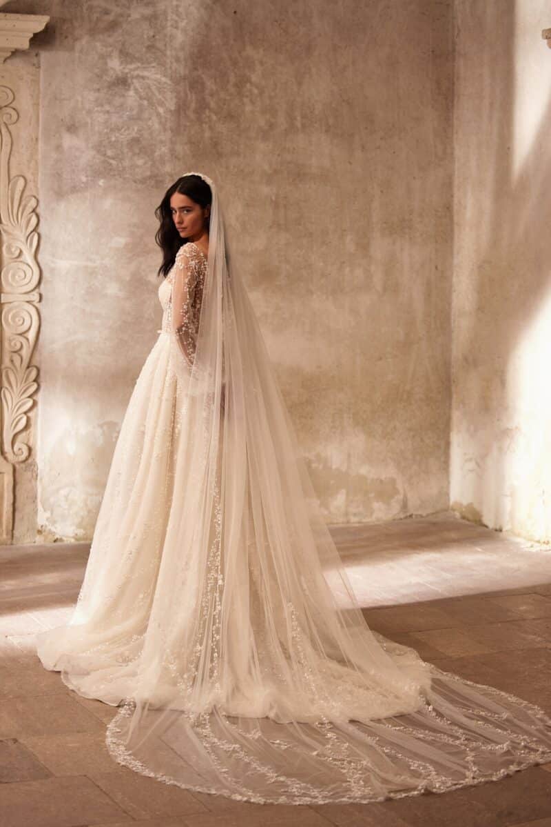 Long Puff Sleeves Deep V Neck Nude A-Line Wedding Dress - PRESLEY - Image 3