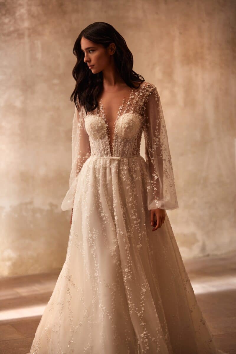 Long Puff Sleeves Deep V Neck Nude A-Line Wedding Dress - PRESLEY