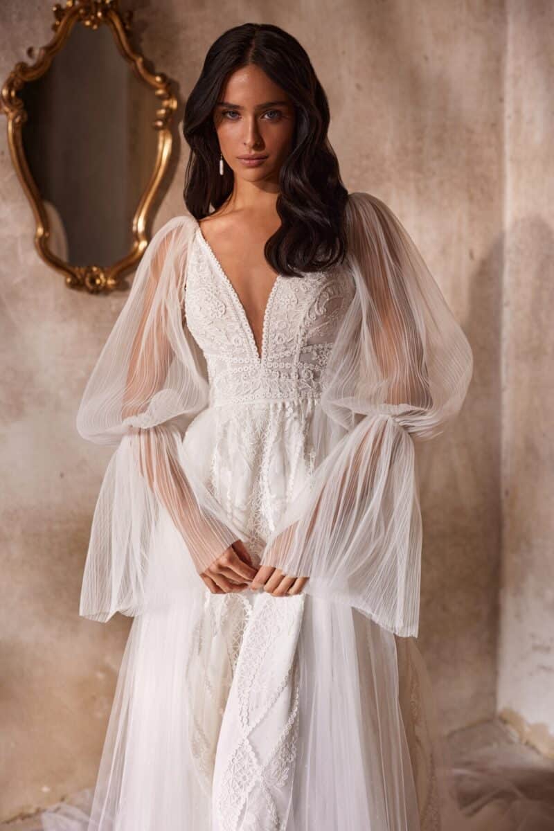 Detachable Long Sleeves V Neck Boho Wedding Dress - SALLY - Image 2