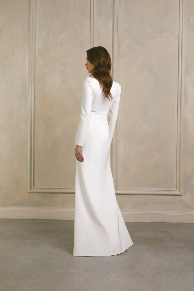 Long Sleeves Minimalist Elegant Crepe Bridal Gown with Front Slit - SANDRA - Image 3