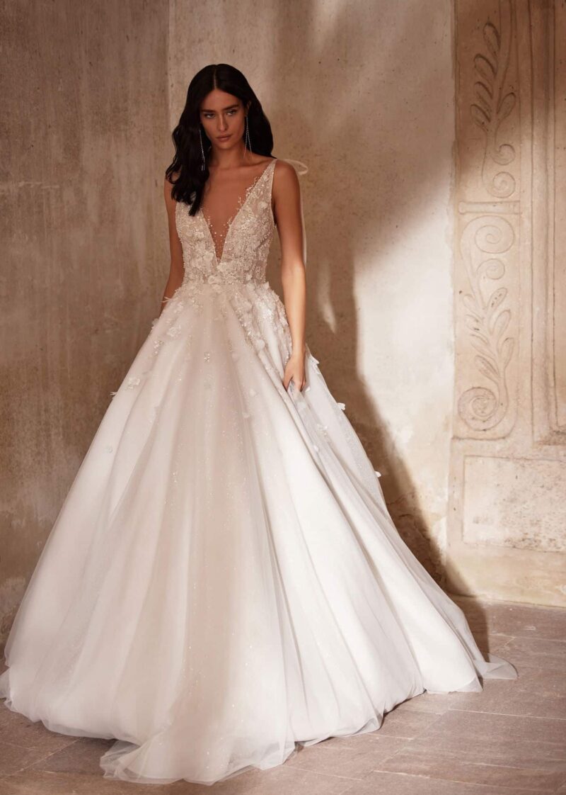 Plunging Neckline Nude A-Line Wedding Dress With Train - VILLY