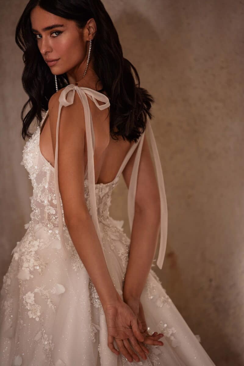 Plunging Neckline Nude A-Line Wedding Dress With Train - VILLY - Image 5