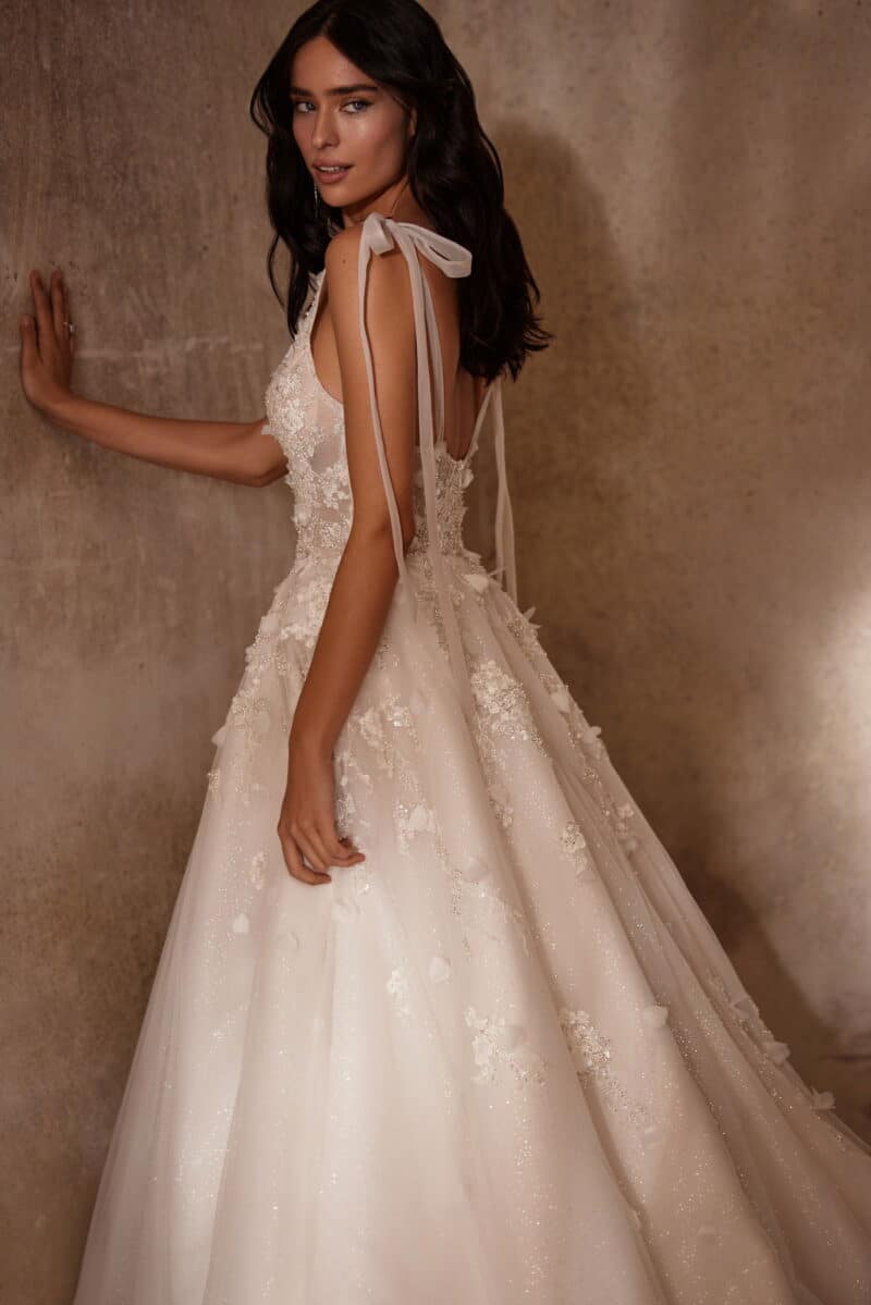 Plunging Neckline Nude A-Line Wedding Dress With Train - VILLY - Image 6